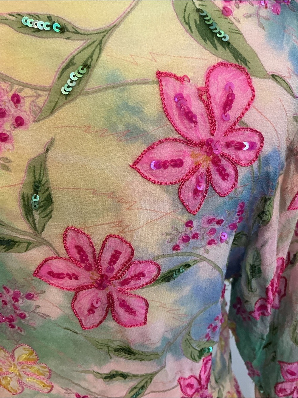 Floral Mesh V-Neck Long Sleeve Top - Pink Green - Picture 6 of 9